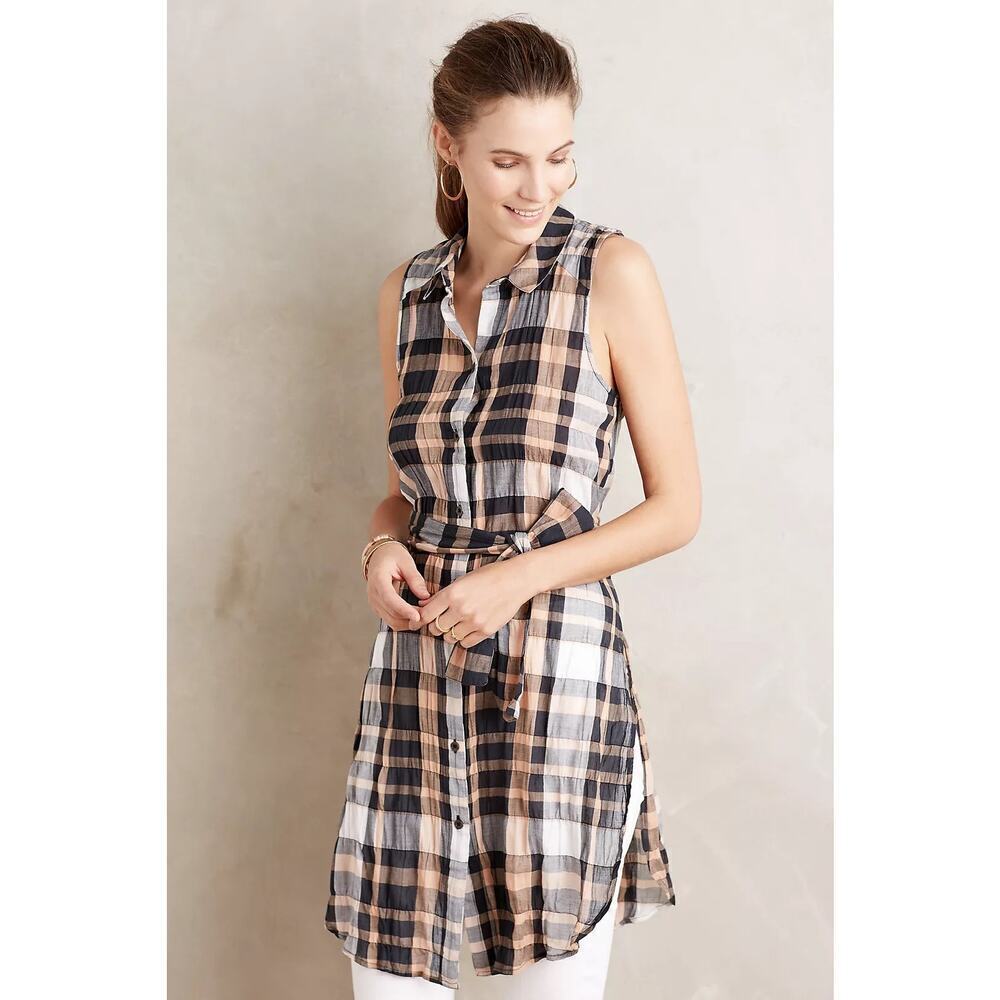 Anthropologie Holding Horses Women's Sunlit Plaid Tunic Top Black Motif Size 10